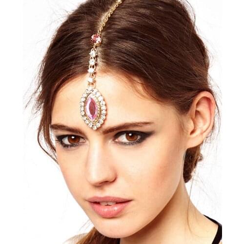 Indian Forehead Jewelry with Hairpin for Women Girls Bridal Wedding Rhinestone Head Chain Jewelry Headpieces Hair Accessories