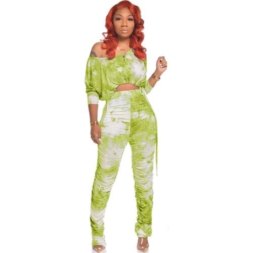 TNNAOFF Tie Dye Stacked Two Piece Tracksuits Women Set Long Sleeve T Shirt Fall Fashion Pencil Pants Lounge Wear Matching Sets