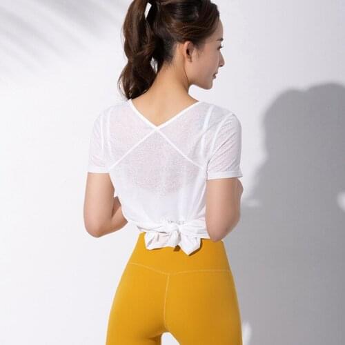 Summer Thin Short Sleeve Yoga Shirts Women Running Loose Stretchy Dry Quick Breathable Top Back Bandage Design Sports T Shirt