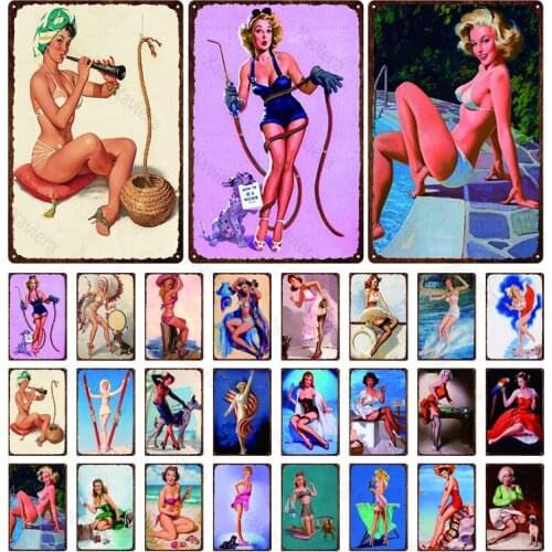 Metal Plaque Sign Pin Up Girl Vintage Movie Poster Bar Home Wall Decor Signs Retro Metal Poster Tin Sign Man Cave Pub Iron Plate