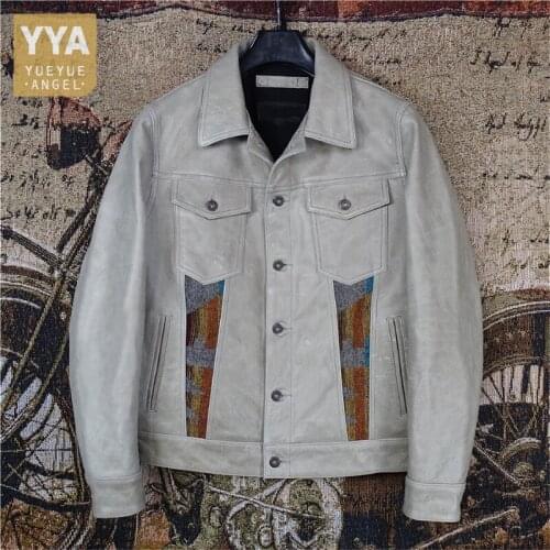 Designer Men Folk Pattern Patchwork Slim Fit Moto Biker Coat Single Breasted Business Casual Oil Wax Cow Genuine Leather Jacket