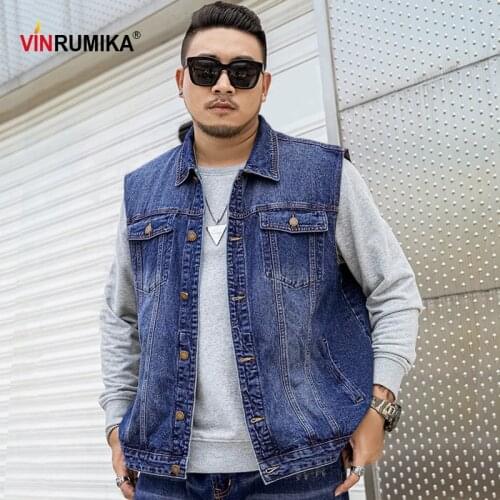 Big Size 2020 Men Kpop Fashion Casual Style Autumn Spring Cowboy Black Vest Jacket Man Denim Blue Cotton Vests Coats 5XL 6XL 7XL