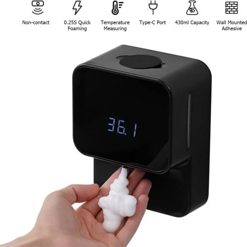 2 in1 Wall Mounted Automatic Non-contact Temperature Measuring Soap Dispenser LED Digital Fever Alarm Self-Adhesive Auto Foaming