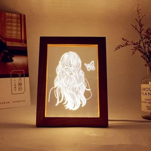 3D small night light stereo vision log photo frame light creative gift acrylic solid wood LED Night Light