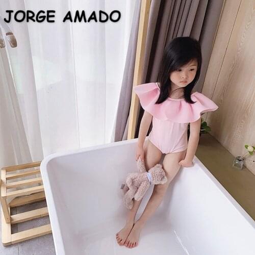 2021 New Summer Teenager Girls Swimwear One Piece Pink Big Ruffles Collar Open Back Swimsuit Children Cute Style Clothes E214