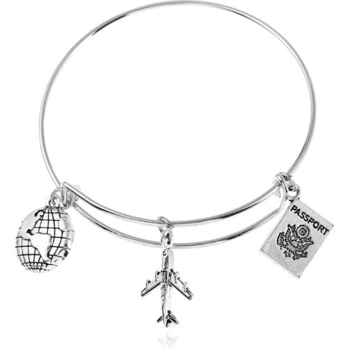 Silver Color Earth Map Charms Bangles for Women Airplane Passport Pendant Bracelet Men Travel Pulseras Tourist DIY Jewelry Gifts