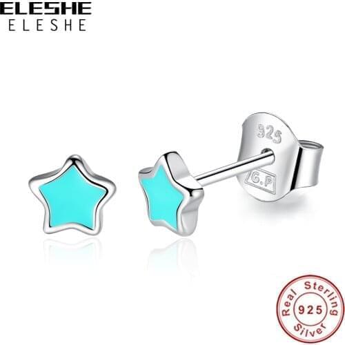 Women Fashion Jewelry Authentic 925 Sterling Silver Tiny Star Stud Earrings Party Blue Enamel Fashion Earrings For Women