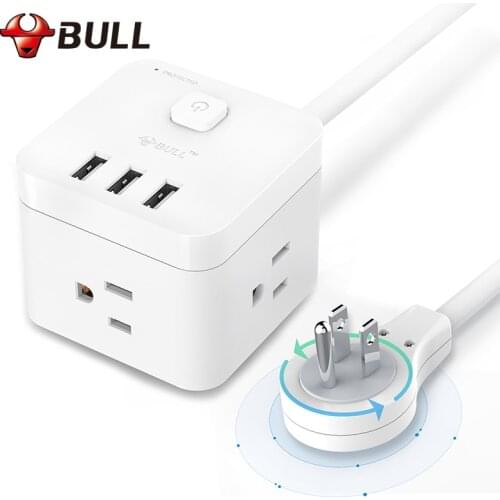 BULL Smart Power Strip Surge Protector with Rotating Flat Plug USB charging station for desktop 3 USB 3AC Extension Cord