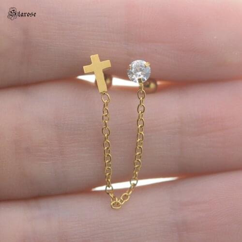 Starose Mini Cross Stud Earring Gold Color CZ Stone Tassel Earrings Helix Piercing Tragus Lobe Piercing Oreja Chain Ear Jewelry