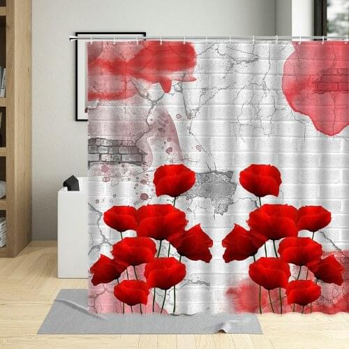 Plant Flower Red Poppies White Background Shower Curtain Rural Scenery Decoration Bathroom Curtains Bathtub Dedicated With Hook