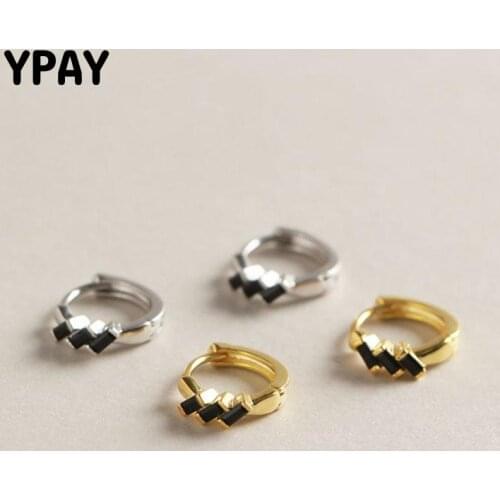 YPAY Genuine 925 Sterling Silver Hoop Earrings for Women Geometric Black Rectangle Zircon Engagement Brinco Fine Jewelry YME466