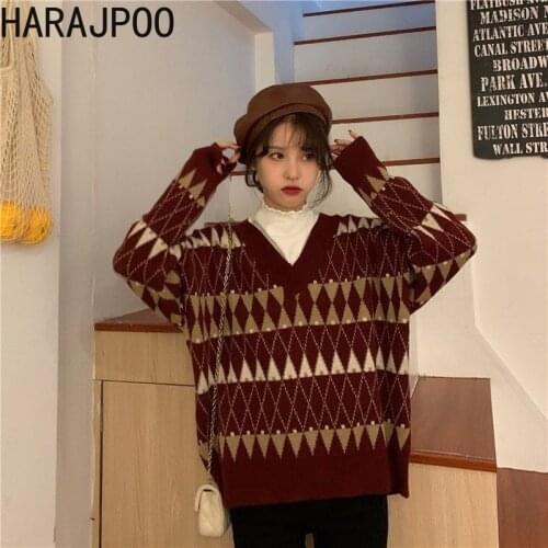 Harajpoo Ladies Sweater Fall Winter 2021 New Retro Color Match Rhombus Loose V Neck Pullover Outwear Long Sleeve Knitted Clothes