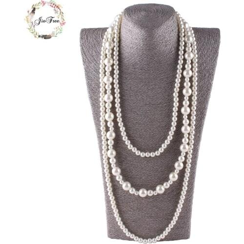 JIOFREE handmade Cream Color Long china Pearl Multilayer Strand Chain Necklace suspensions pearl necklace for women wedding