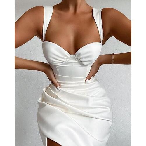 2021 Women Fashion Summer Spring Solid Plain Ruched Slit Thick Strap Bodycon Mini Dress Ruched Slit Skinny Party