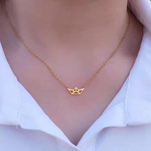 Vintage Ship Charm Necklace Women Stainless Steel Chian Collier Gold Chain Simple Origami Boat Necklace Birthday Gift