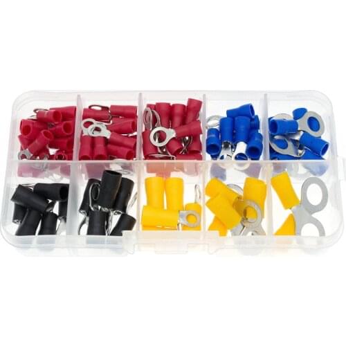 102PCS 10Kinds RV) Ring Terminal Electrical Crimp Connector Kit Set With Box,Copper Wire Insulated Cord Pin End Butt