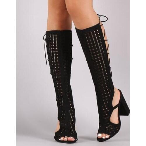 2017 New Fashion Suede Perforated Back Women Lace-Up Knee High Boots Peep Toe Ladies Gladiator Boots Chunky Heel Summer Boots