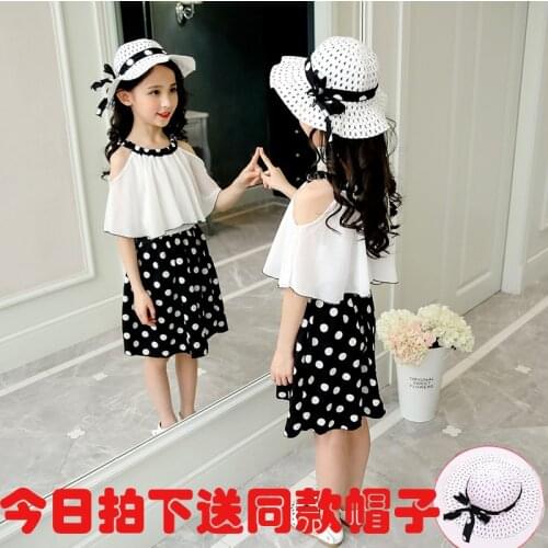 2020 Big Girl Baby Chiffon Dress+hat,summer Fashion Dot Princess Dresses Kids Children Elegant Vestido Clothes 3-14T