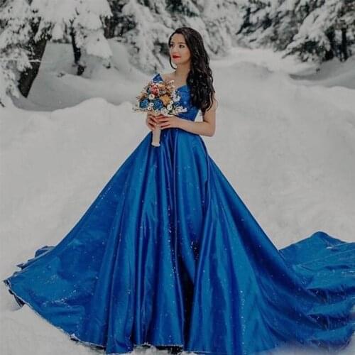 Luxury Royal Blue Prom Dresses Off The Shoulder Full Length Satin Evening Party Dresses Court Train Prom Gowns For Winter Party