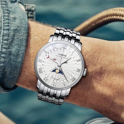 Relogio masculino LOBINNI Top Brand Mens Watches Luxury Sapphire Silver Steel Quartz Watch Men Moon Phase Business Male Hours
