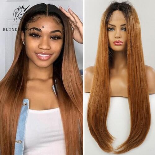 Blonde Unicorn Long Straight Lace Front Synthetic Wigs Dark Root Ombre Brown Wig for Black White Women Daily Party Lace Hair