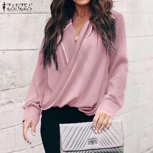 ZANZEA Elegant Women V Neck Long Sleeve Stain Shirt Summer Blouse 2021 Casual Front Cross Blusas Female Tops OL Work Chemise 5XL