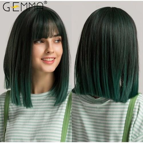 GEMMA Short Straight Ombre Green Lolita Bobo Synthetic Wigs with Bangs Cosplay Party Heat Resistant Hair Wigs for Women Girls