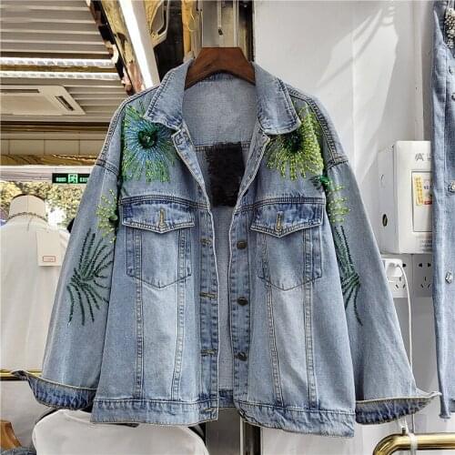 Harajuku Beaded sequins Flowers Casual Women Denim Jacket Washed Light blue Vintage Long sleeve Jeans Jacket Jaquetas Feminina