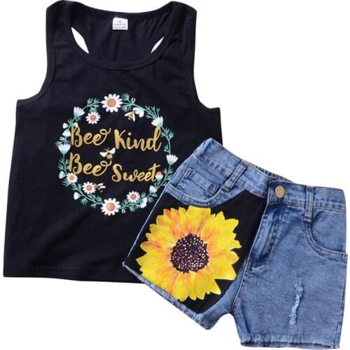 Baby Girls Summer Sequin Flower Clothes Sets Toddler Kids Black T Shirt Denim Pants Children Clothing Infant Clothing TrackSuit