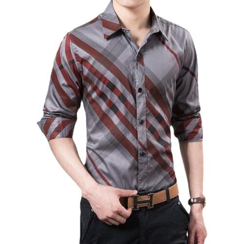 Trendy young and middle-aged long-sleeved shirts spring and autumn shirts handsome plaid printing slim-fit cotton mens clothing