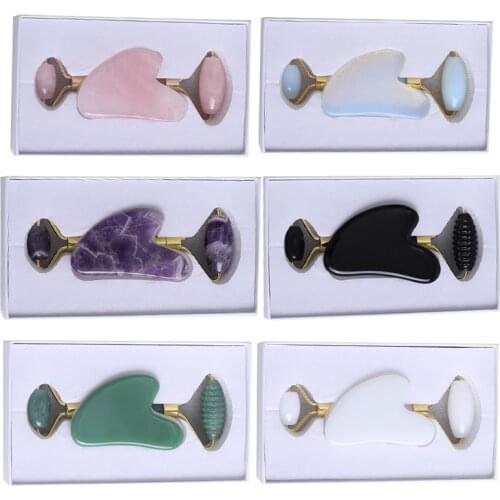 2 PC Gouache Scraper Jade Roller And Gua Sha Set Natural Rose Quartz Facial Massager Guasha Board Face Lifting Relax Beauty Set