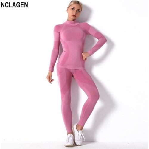 NCLAGEN Seamless Sportwear Women Fitness Suit 2 Piece Yoga Set Gym Long Sleeve Elastic Shirt Pants Sport Outfit Workout Clothes