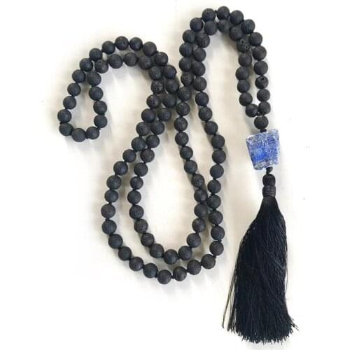 Black Tassel Necklaces Japa Mala Jewelry 8mm Lava Stone Knotted Necklace With Raw Lapis Mens 108 Mala Beads Necklace For Men