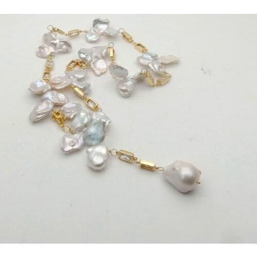 YYGEM natural top-drilled White Keshi Pearl CZ pave chain Necklace cute style for women