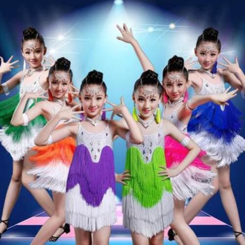 Sequin diamond Fringe tassel latin dance dress for girls salsa kids dresses competition spandex children samba tango ballroom