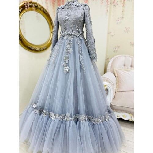 Luxury Light Blue Appliques Beaded Muslim Prom Dress 2021 High Neck Long Sleeve Saudi Arabic Tulle Evening Formal Party Gowns