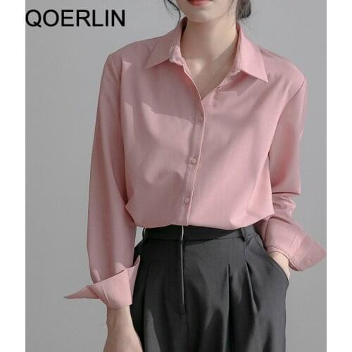 QOERLIN Simple OL Workwear Basic Blouse Women Elegant Long Sleeve Button Cuff Loose Casual White Top Shirts Female Plus Size