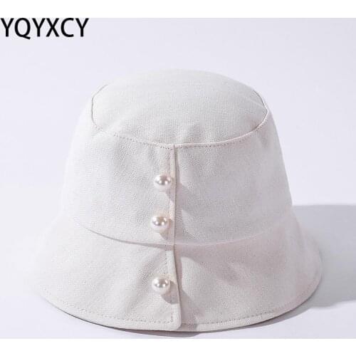 Bucket Hat Women Fisherman Cap With Pearl Bead Spring Summer Hats Woman Bob Gorro Korean Sun Hat Solid Color Wide Brim