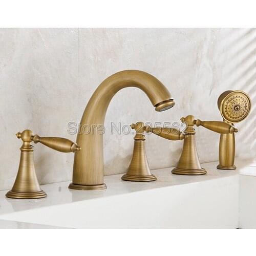 Antique Brass Widespread 5 Holes Bathroom Roman Tub Faucet Mixer Tap Set With Hand Shower Ltf035
