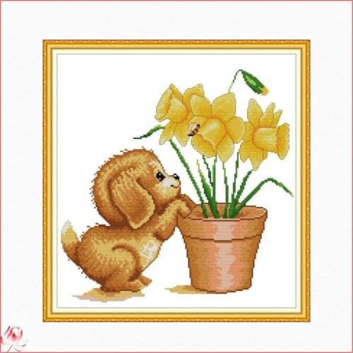 The Dog And The Yellow Flowers Chinese Cross Stitch Kits Ecological Cotton Stamped Printed 14CT DIY Easy to Use Home Decoration