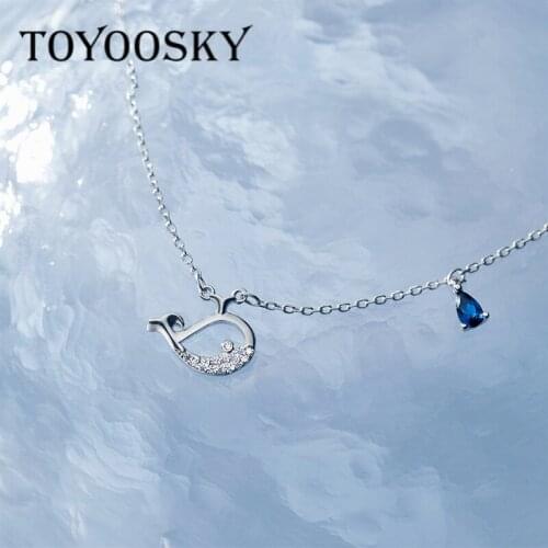 TOYOOSKY 925 Sterling Silver Blue Zircon Hollow Animal Whale Pendant Choker Necklace For Women Girl Bohemian Elegant Accessory
