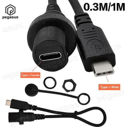 USB 3.1 Type-C Male to Female AUX Flush Panel Mount Extension Cable For Car Truck Boat Motorcycle Dashboard 0.3m/1m