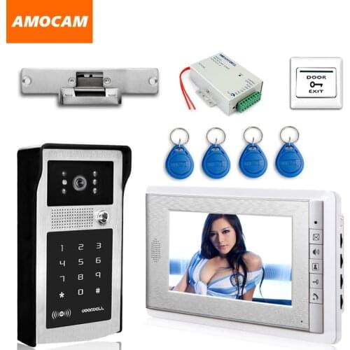7" LCD Video Doorbell video Door Phone Intercom System Aluminum Alloy password camera ID Card+Electric Door Strike Lock + exit