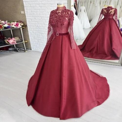 High Style Wine Red Long Sleeve Lace Wedding Dress High Neck Appliques Tulle Bridal Gowns Custom Made