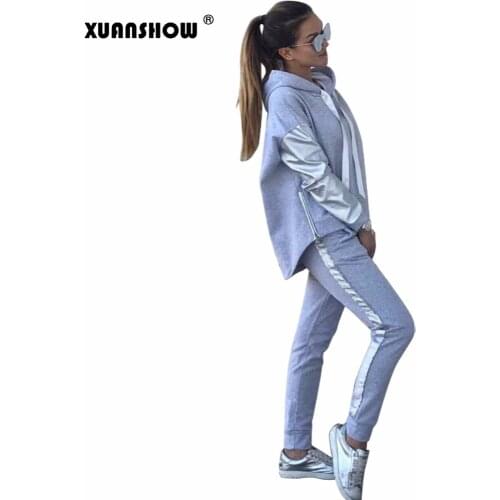 XUANSHOW Streetwear Cotton Casual Tracksuit Womens Autumn Winter Zipper Irregular Stitching Hoodies Long Pant Two Piece Suit