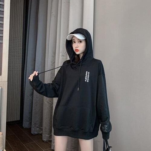 Women Letter Print Hoodie Black Pullover Hoody Female Sweatshirt For Teen Fall Casual Loose Vintage Hoodie Harajuku Oversized