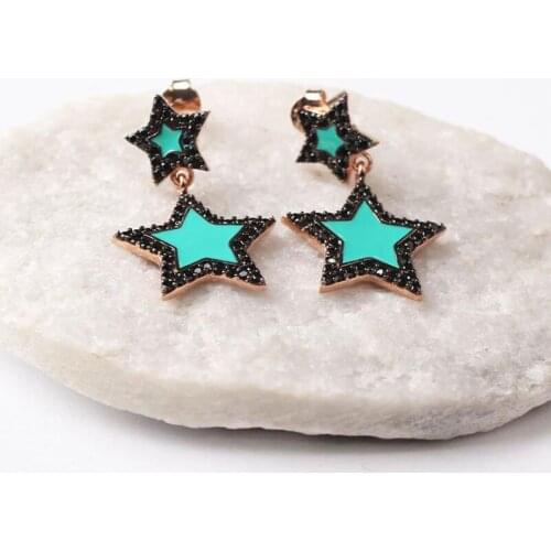 Women Handmade Black Blue Star Zircon Earring, Handmade 925Silver Woman Zircon Earring,Handmade Zircon Women Earring