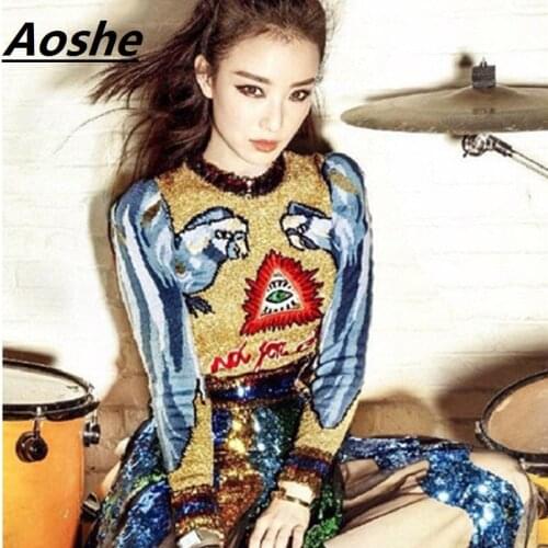 Runway Designer Parrot Patern Sequins Embroidery Letter Wool Sweater Women 2018 Best Quality Winter Knit Pullover Vintage Jumper