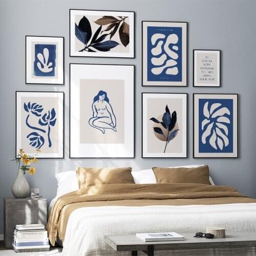 Abstract Wall Art Canvas Painting Blue Line Girl Lotus Leaf Nordic Posters And Prints Wall Pictures For Living Room Home Decor