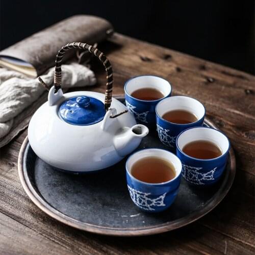 Fish interesting tea ceremony set Japanese household ceramic one pot four cups teapot teacup teaware wooden tray plate